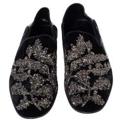 Pre Owned Alexander McQueen Black Velvet And Leather Embroidered Detail Loafers Size 42 