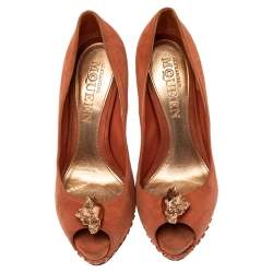 Alexander McQueen Brown Suede Skull Embellished Peep Toe Pumps Size 38