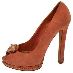Alexander McQueen Brown Suede Skull Embellished Peep Toe Pumps Size 38
