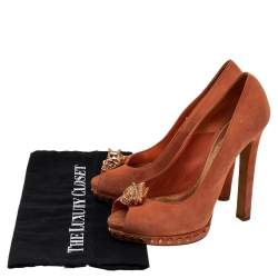 Alexander McQueen Brown Suede Skull Embellished Peep Toe Pumps Size 38