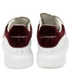 Pre Owned Alexander McQueen White Leather and Burgundy Velvet Oversized Velcro Strap Sneakers Size 37.5