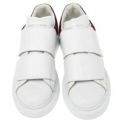 Pre Owned Alexander McQueen White Leather and Burgundy Velvet Oversized Velcro Strap Sneakers Size 37.5