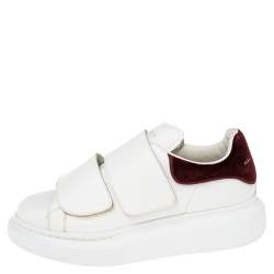 Pre Owned Alexander McQueen White Leather and Burgundy Velvet Oversized Velcro Strap Sneakers Size 37.5