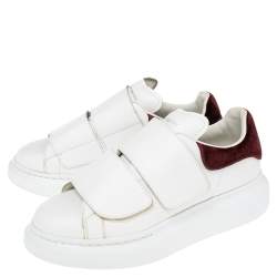 Pre Owned Alexander McQueen White Leather and Burgundy Velvet Oversized Velcro Strap Sneakers Size 37.5