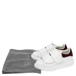 Pre Owned Alexander McQueen White Leather and Burgundy Velvet Oversized Velcro Strap Sneakers Size 37.5