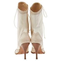 Pre Owned Alexander McQueen Off White Brogue Leather And Canvas Lace Up Mid Calf Boots Size 39
