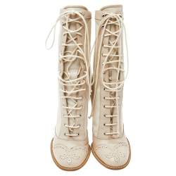 Pre Owned Alexander McQueen Off White Brogue Leather And Canvas Lace Up Mid Calf Boots Size 39