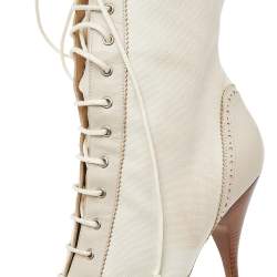 Pre Owned Alexander McQueen Off White Brogue Leather And Canvas Lace Up Mid Calf Boots Size 39