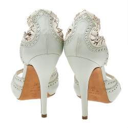 Pre Owned Alexander McQueen Mint Green-White Leather Perforated Slide Sandals Size 37