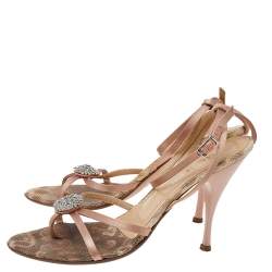Pre Owned Alexander McQueen Beige Satin Crystal Embellished Strappy Sandals Size 38.5