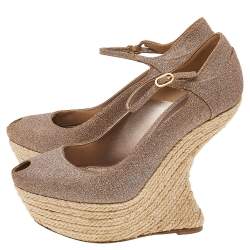 Alexander McQueen Brown Glitter Ankle Strap Wedge Sandals Size 37