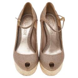 Alexander McQueen Brown Glitter Ankle Strap Wedge Sandals Size 37