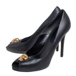 Pre Owned Alexander McQueen Black Leather Taupe Skull Peep Toe Pumps Size 40