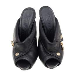 Pre Owned Alexander McQueen Black Leather Dredge Peep Toe Mule Sandals Size 36.5