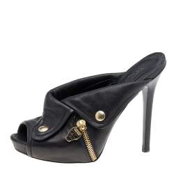 Pre Owned Alexander McQueen Black Leather Dredge Peep Toe Mule Sandals Size 36.5