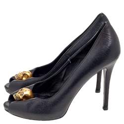 Alexander McQueen Black Leather Crystal Embellished Skull Peep Toe Pumps Size 36