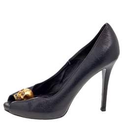 Alexander McQueen Black Leather Crystal Embellished Skull Peep Toe Pumps Size 36