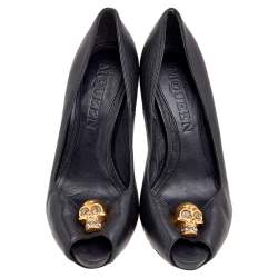 Alexander McQueen Black Leather Crystal Embellished Skull Peep Toe Pumps Size 36