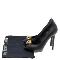 Alexander McQueen Black Leather Crystal Embellished Skull Peep Toe Pumps Size 35