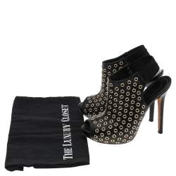 Alexander McQueen Black Leather Grommet Peep Toe Ankle Slingback Boots Size 36