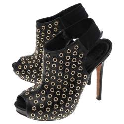 Alexander McQueen Black Leather Grommet Peep Toe Ankle Slingback Boots Size 36
