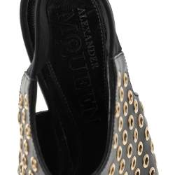 Alexander McQueen Black Leather Grommet Peep Toe Ankle Slingback Boots Size 36