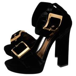 Pre Owned Alexander McQueen Black Velvet Platform Ankle Strap Sandals Size 40