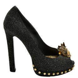 Pre Owned Alexander McQueen Black Leather Glitter Skull Embellished Peep Toe Pump EU 36
