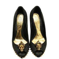 Pre Owned Alexander McQueen Black Leather Glitter Skull Embellished Peep Toe Pump EU 36