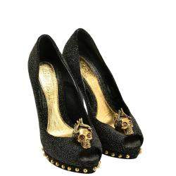 Pre Owned Alexander McQueen Black Leather Glitter Skull Embellished Peep Toe Pump EU 36