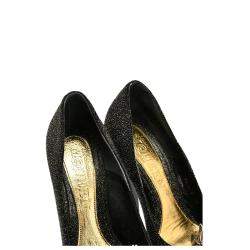 Pre Owned Alexander McQueen Black Leather Glitter Skull Embellished Peep Toe Pump EU 36