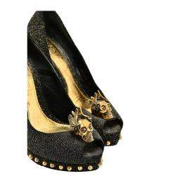 Pre Owned Alexander McQueen Black Leather Glitter Skull Embellished Peep Toe Pump EU 36