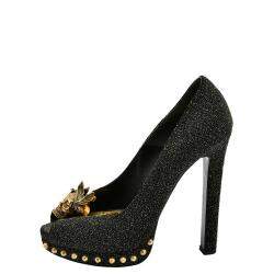 Pre Owned Alexander McQueen Black Leather Glitter Skull Embellished Peep Toe Pump EU 36
