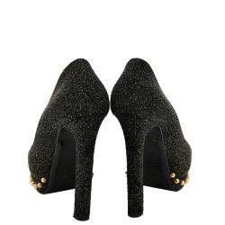 Pre Owned Alexander McQueen Black Leather Glitter Skull Embellished Peep Toe Pump EU 36