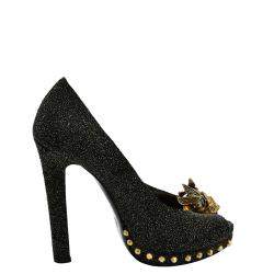 Pre Owned Alexander McQueen Black Leather Glitter Skull Embellished Peep Toe Pump EU 36
