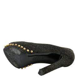 Pre Owned Alexander McQueen Black Leather Glitter Skull Embellished Peep Toe Pump EU 36