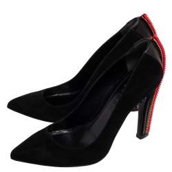 Pre Owned Alexander McQueen Black Suede Zip Embellished Heel Pointed Toe Pumps Size 38