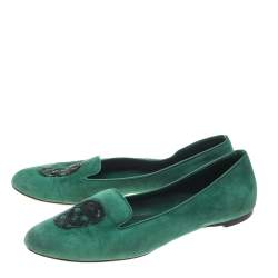 Pre Owned Alexander McQueen Green Suede Embellished Smoking Slippers Size 39.5