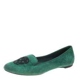 Pre Owned Alexander McQueen Green Suede Embellished Smoking Slippers Size 39.5