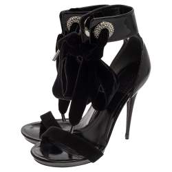 Pre Owned Alexander McQueen Black Patent Leather, Suede and Velvet Bow Ankle Sandals Size 38