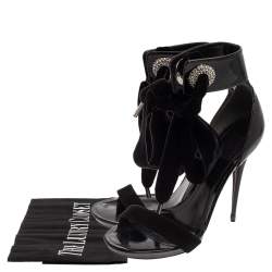 Pre Owned Alexander McQueen Black Patent Leather, Suede and Velvet Bow Ankle Sandals Size 38