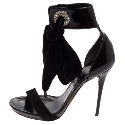 Pre Owned Alexander McQueen Black Patent Leather, Suede and Velvet Bow Ankle Sandals Size 38