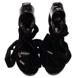Pre Owned Alexander McQueen Black Patent Leather, Suede and Velvet Bow Ankle Sandals Size 38