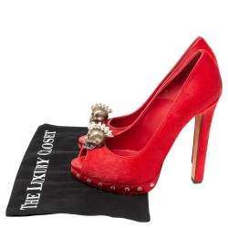 Pre Owned Alexander McQueen Red Calf Hair Embellished Skull Peep-Toe Pumps Size 38