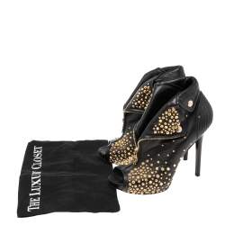 Pre Owned Alexander McQueen Black Leather Studded Peep Toe Booties Size 39