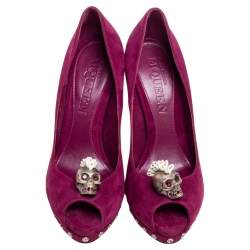 Alexander McQueen Purple Suede Embellished Skull Peep Toe Pumps Size 38.5