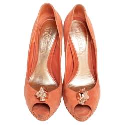 Alexander McQueen Orange Suede Skull Peep Toe Pumps Size 38.5 