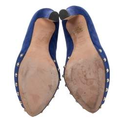 Pre Owned Alexander McQueen Blue Suede Crystal Embellished Skull Peep Toe Platform Pumps Size 38.5