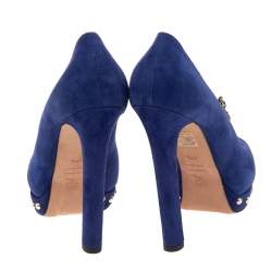 Pre Owned Alexander McQueen Blue Suede Crystal Embellished Skull Peep Toe Platform Pumps Size 38.5