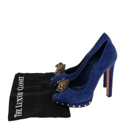 Pre Owned Alexander McQueen Blue Suede Crystal Embellished Skull Peep Toe Platform Pumps Size 38.5